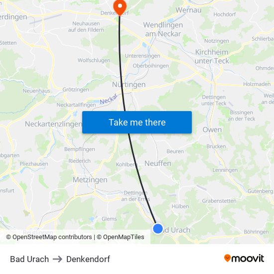 Bad Urach to Denkendorf map
