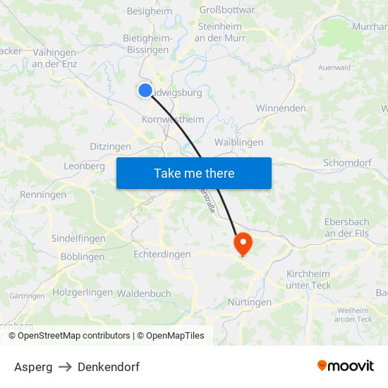 Asperg to Denkendorf map