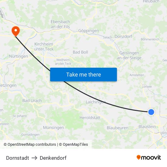 Dornstadt to Denkendorf map