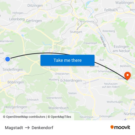 Magstadt to Denkendorf map