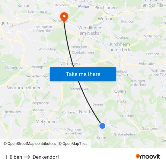 Hülben to Denkendorf map