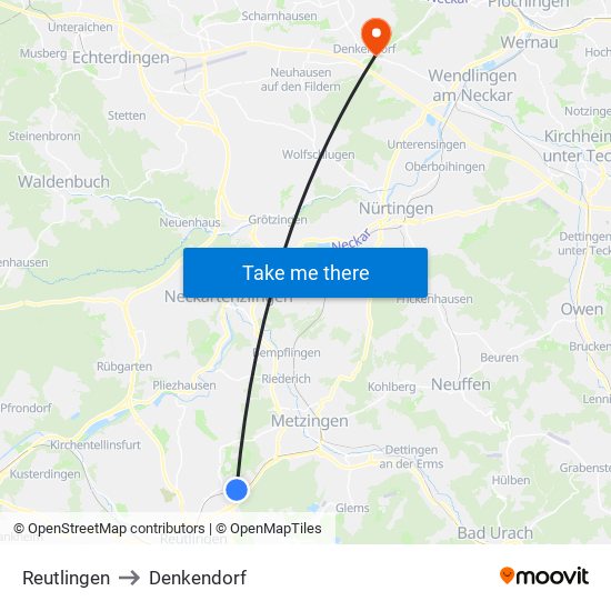 Reutlingen to Denkendorf map