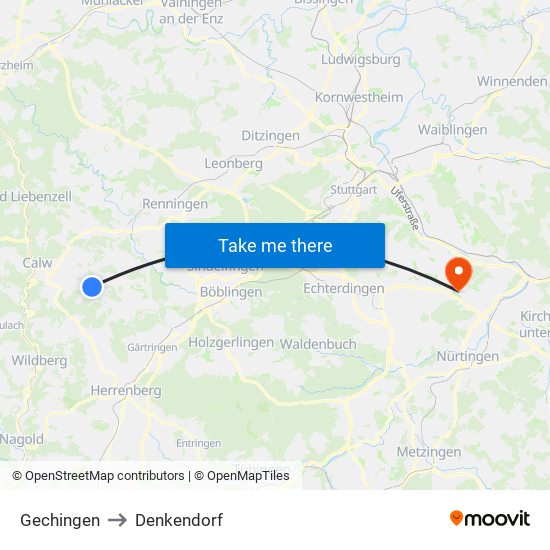 Gechingen to Denkendorf map