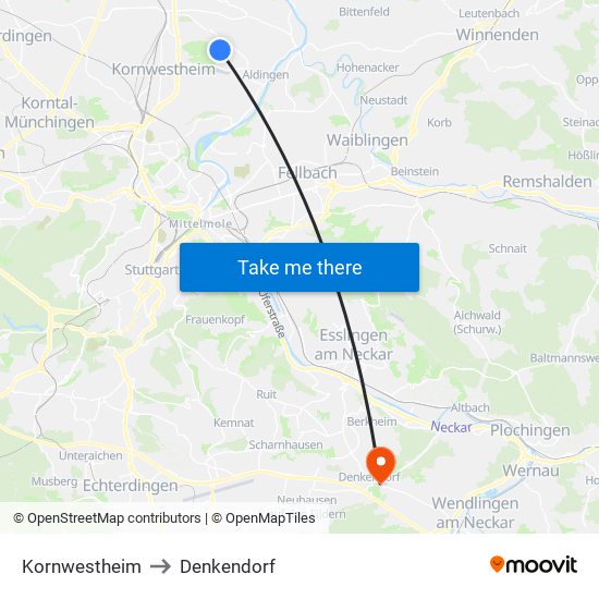 Kornwestheim to Denkendorf map