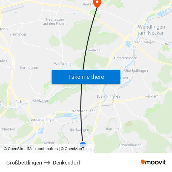 Großbettlingen to Denkendorf map