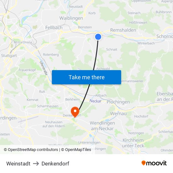 Weinstadt to Denkendorf map