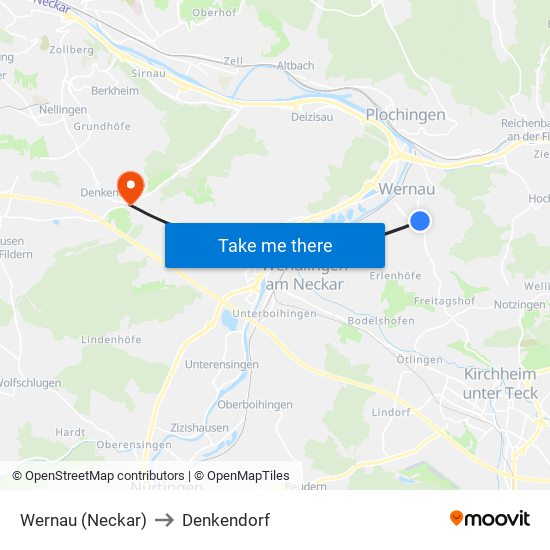 Wernau (Neckar) to Denkendorf map