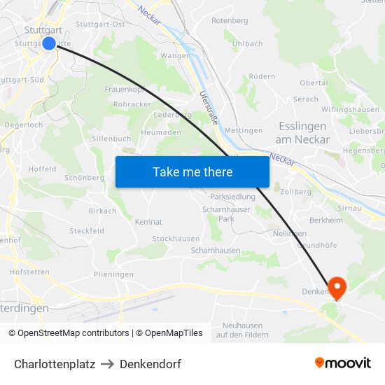 Charlottenplatz to Denkendorf map