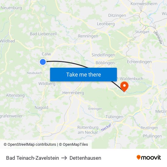 Bad Teinach-Zavelstein to Dettenhausen map