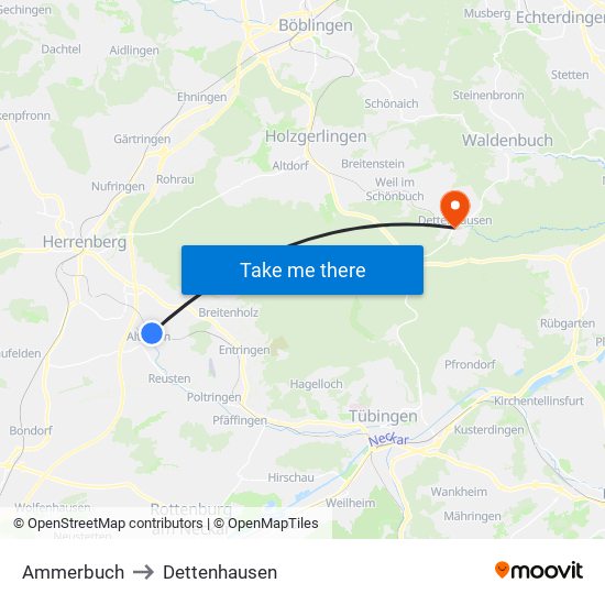 Ammerbuch to Dettenhausen map