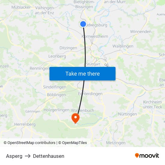 Asperg to Dettenhausen map