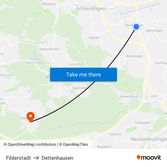 Filderstadt to Dettenhausen map