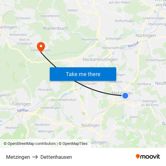 Metzingen to Dettenhausen map