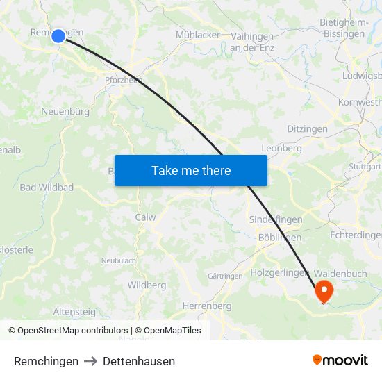 Remchingen to Dettenhausen map