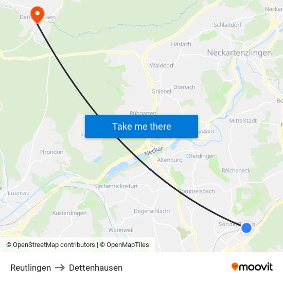 Reutlingen to Dettenhausen map