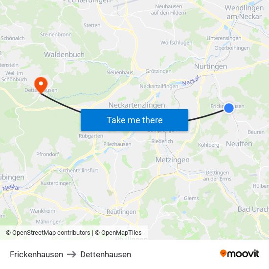 Frickenhausen to Dettenhausen map