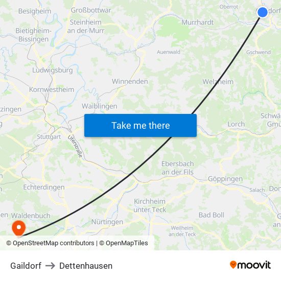 Gaildorf to Dettenhausen map