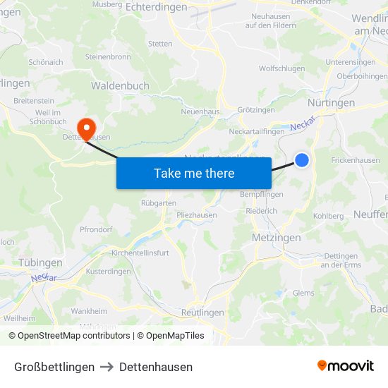 Großbettlingen to Dettenhausen map