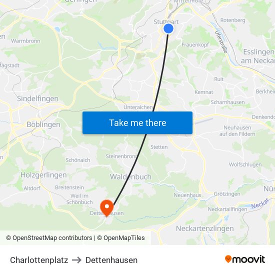 Charlottenplatz to Dettenhausen map