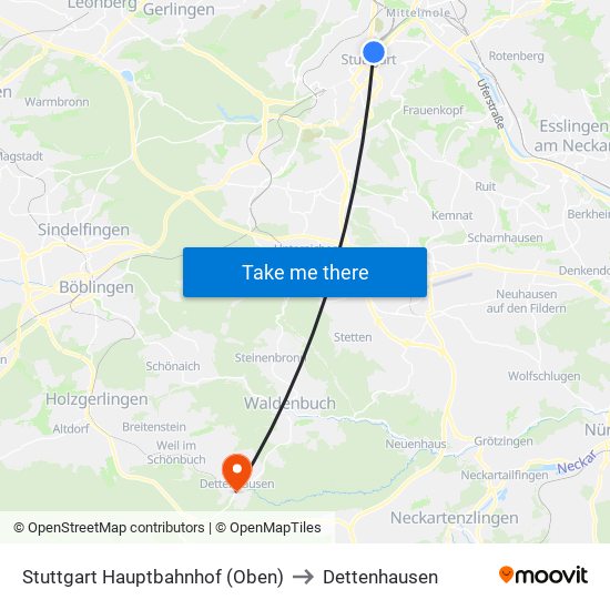 Stuttgart Hauptbahnhof (Oben) to Dettenhausen map