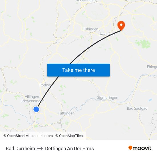 Bad Dürrheim to Dettingen An Der Erms map