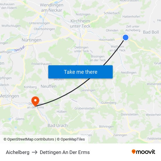 Aichelberg to Dettingen An Der Erms map