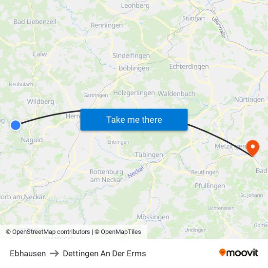 Ebhausen to Dettingen An Der Erms map