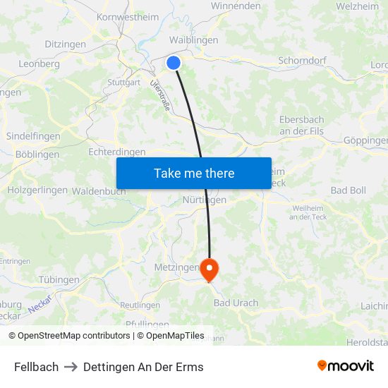 Fellbach to Dettingen An Der Erms map