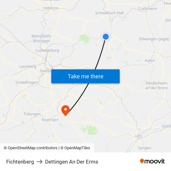 Fichtenberg to Dettingen An Der Erms map