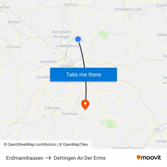 Erdmannhausen to Dettingen An Der Erms map