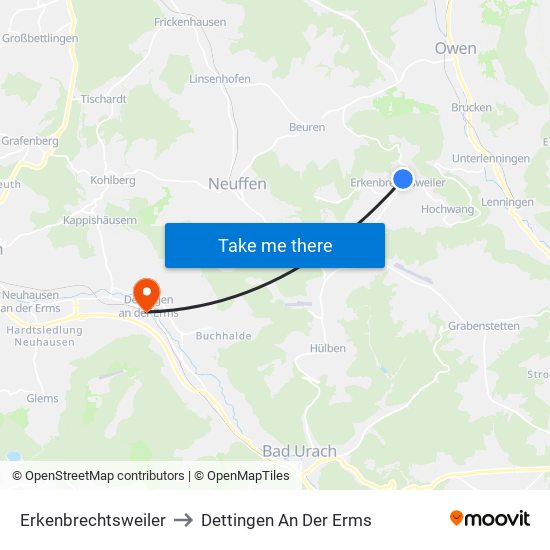 Erkenbrechtsweiler to Dettingen An Der Erms map