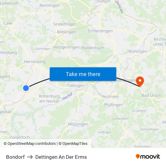 Bondorf to Dettingen An Der Erms map