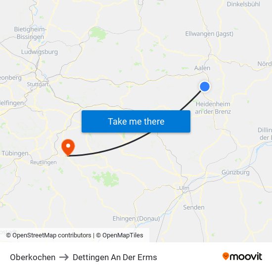 Oberkochen to Dettingen An Der Erms map