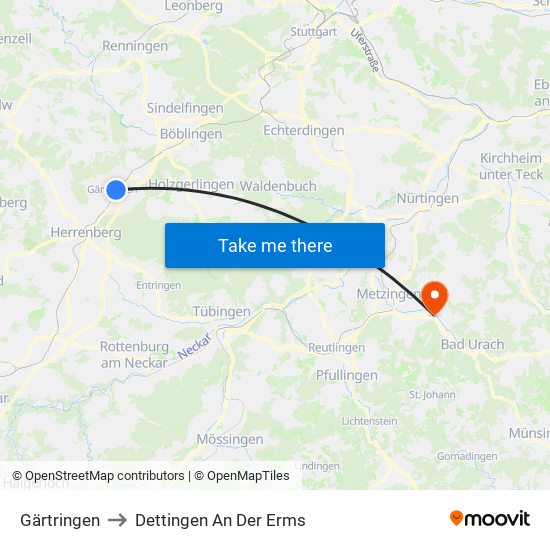 Gärtringen to Dettingen An Der Erms map