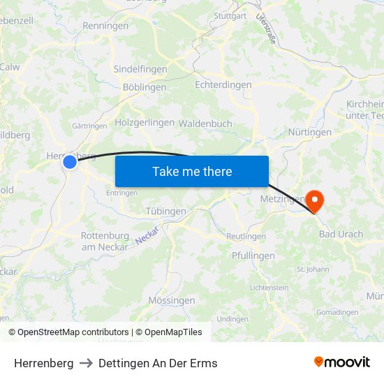Herrenberg to Dettingen An Der Erms map