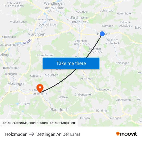 Holzmaden to Dettingen An Der Erms map