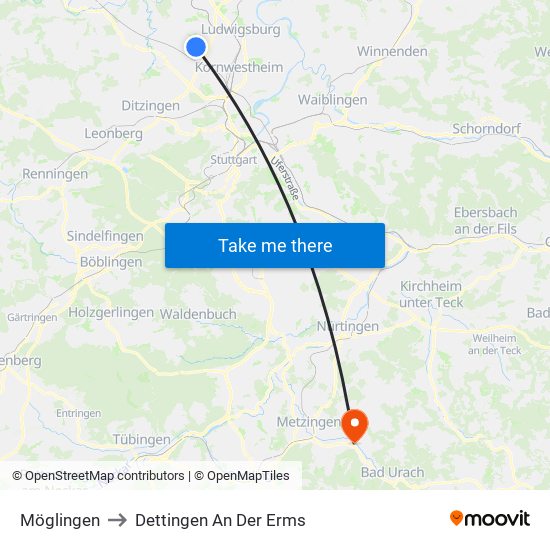 Möglingen to Dettingen An Der Erms map