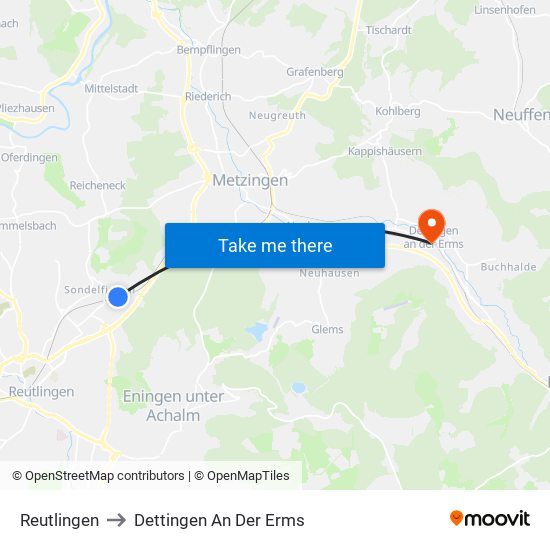 Reutlingen to Dettingen An Der Erms map
