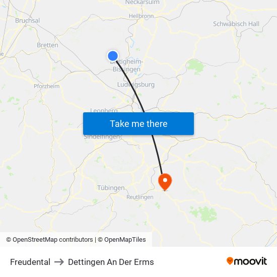 Freudental to Dettingen An Der Erms map