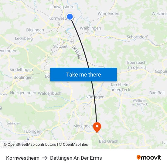 Kornwestheim to Dettingen An Der Erms map