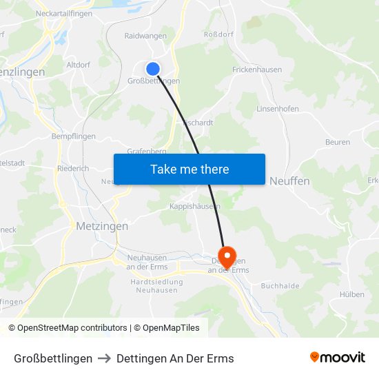 Großbettlingen to Dettingen An Der Erms map