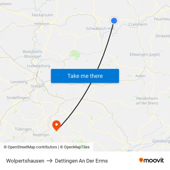 Wolpertshausen to Dettingen An Der Erms map