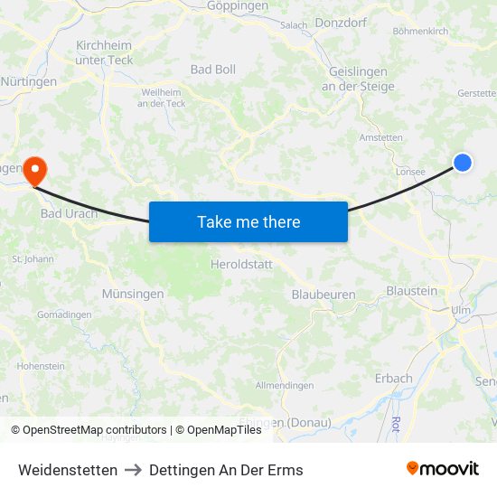 Weidenstetten to Dettingen An Der Erms map