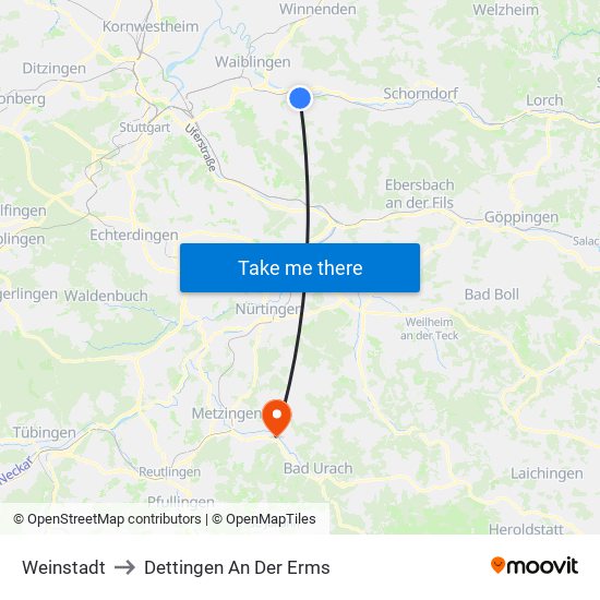 Weinstadt to Dettingen An Der Erms map