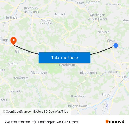 Westerstetten to Dettingen An Der Erms map