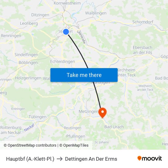 Hauptbf (A.-Klett-Pl.) to Dettingen An Der Erms map