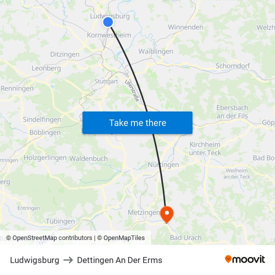 Ludwigsburg to Dettingen An Der Erms map