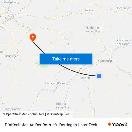 Pfaffenhofen An Der Roth to Dettingen Unter Teck map