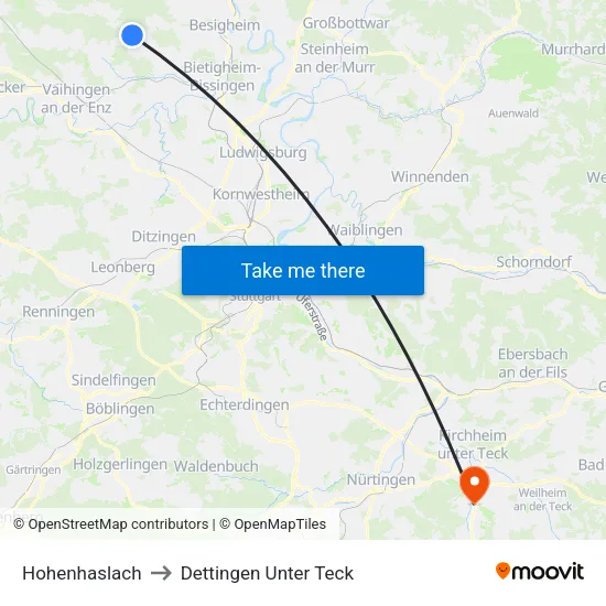 Hohenhaslach to Dettingen Unter Teck map