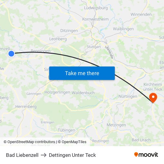 Bad Liebenzell to Dettingen Unter Teck map